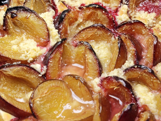 Das Pflaumen-Crumble erinnert an einen Streuselkuchen, kommt aber ganz ohne Boden aus.